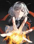  1girl absurdres aiming aiming_at_viewer arknights armband black_horns brown_eyes casting_spell closed_mouth commentary dark_background disdain dragon_horns film_grain fire fireball frilled_shirt_collar frills from_below frown grey_hair highres horns looking_at_viewer looking_down orange_armband outstretched_arm outstretched_hand reunion_logo_(arknights) shikyou_yoru solo talulah_(arknights) upper_body 