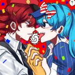  2girls ? aqua_hair black_necktie blue_hat blue_shirt bow collared_shirt commentary_request drill_hair empty_eyes eye_contact gloves hair_bow hat hatsune_miku highres hinomarou holding_hands interlocked_fingers kasane_teto looking_at_another mesmerizer_(vocaloid) mini_hat multiple_girls necktie open_mouth parted_lips red_eyes red_hair red_hat sharp_teeth shirt spoken_question_mark sweat teeth tongue tongue_out twin_drills twintails utau vocaloid white_shirt yellow_gloves yuri 
