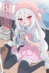  1girl anger_vein angry apron bedroom black_thighhighs blue_archive blue_necktie book book_stack commentary hair_between_eyes half_updo halo headscarf highres holding holding_book indoors kei_(blue_archive) kei_(student)_(blue_archive) long_hair_between_eyes looking_at_another loosely_tucked_bangs manga_(object) mikumiku37 necktie no_shoes on_floor pink_apron pink_halo pornography rectangular_halo ringed_eyes sitting solo speech_bubble thighhighs translated wariza white_hair 