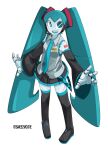  1girl bare_shoulders bigsheezy blue_hair colored_skin cosplay detached_sleeves full_body hatsune_miku hatsune_miku_(cosplay) highres humanoid_robot jenny_wakeman joints long_hair looking_at_viewer mechanical_hair metal_skin my_life_as_a_teenage_robot necktie open_mouth robot robot_girl robot_joints shirt skirt sleeveless sleeveless_shirt smile solo twintails very_long_hair vocaloid 
