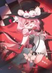  1girl :d animal_on_head bare_shoulders bird bird_on_head black_hat commentary_request cowboy_shot dress elbow_gloves front_ponytail gloves hair_between_eyes hat highres long_hair nmummumumu on_head open_mouth pencil_dress pink_hair qiaoshou_(xinyue_tongxing) red_background red_eyes red_gloves red_thighhighs short_dress sleeveless sleeveless_dress smile solo spotlight thighhighs top_hat white_bird xinyue_tongxing 