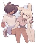  2girls ^^^ animal_ear_fluff animal_ears bare_legs black_bow black_eyes black_hair black_skirt blonde_hair blush border bow braid brown_eyes closed_mouth cup dark-skinned_female dark_skin denim denim_shorts disposable_cup dog_ears dog_girl dog_tail drinking_straw elbow_rest expressionless fang feet_out_of_frame fluffy_hair flustered hair_bow hair_over_one_eye hand_on_another's_thigh head_rest high-waist_shorts high-waist_skirt holding holding_cup iahtruong invisible_chair leaning_forward long_hair long_sleeves looking_at_another multiple_girls neck_ribbon nervous_smile one_ear_down one_eye_covered original outside_border puffy_short_sleeves puffy_sleeves rabbit_ears rabbit_girl ribbon short_sleeves shorts single_braid sitting skin_fang skirt smile tail thick_eyebrows turtleneck white_border yuri 