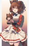 1girl absurdres animal_ears aston_machan_(flare)_(umamusume) aston_machan_(umamusume) black_bow black_bowtie black_thighhighs blush bow bowtie breasts brown_hair character_doll commentary_request crown cutie_(umamusume) doll green_eyes hair_ornament hair_scrunchie highres holding holding_doll horse_ears horse_girl horse_tail jacket long_sleeves looking_at_viewer mini_crown nao_toyooooo open_mouth red_sash red_scrunchie red_sleeves sash scrunchie shirt shoulder_sash skirt smile solo tail thighhighs tilted_headwear umamusume white_jacket white_shirt white_skirt 