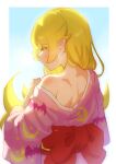  1girl animal_print bat_print blonde_hair blue_background border bow closed_eyes closed_mouth crescent_print fading_border flipped_hair from_behind gradient_background hair_between_eyes hair_flaps hair_over_shoulder hand_up highres japanese_clothes kimono long_hair long_sleeves monogatari_(series) obi oshino_shinobu otaichiichi pink_kimono pointy_ears print_kimono profile red_sash sash shoulder_blush sidelocks single_bare_shoulder solo star_(symbol) star_print upper_body very_long_hair waist_bow white_border 
