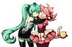  1_101o 2girls absurdres ahoge animal_ear_fluff animal_ears aqua_hair aqua_necktie bell black_skirt black_sleeves black_thighhighs blush cat_ears cat_girl cat_tail crossover crossover_pairing cutie_mew_mew_magic_(deltarune) deltarune detached_sleeves dress frilled_skirt frills gloves gold_bell grey_shirt hair_bell hair_ornament hatsune_miku head_steam highres holding holding_staff hug long_hair looking_at_another mad_mew_mew multiple_girls necktie open_mouth pink_dress pink_hair pleated_skirt shirt skirt smile staff tail thighhighs twintails utdr_(toby_fox) vocaloid white_background white_gloves yuri 