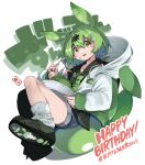  1girl animal_ears black_shirt blue_shorts commentary_request datemegane double-parted_bangs drawstring eating edamame food food_on_face fork full_body green_hair green_necktie green_shoes hair_between_eyes hair_ornament hairclip highres holding holding_fork holding_plate hood hood_down hoodie long_hair long_sleeves looking_at_viewer necktie open_clothes open_hoodie open_mouth parallel_hairclips plate ribbed_socks shirt shoes short_shorts shorts simple_background socks solo voicevox white_background white_hoodie white_socks yellow_eyes zundamon 