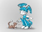  1girl blue_hair blue_skirt cat colored_skin commentary english_commentary heidi-celestial highres humanoid_robot jenny_wakeman joints looking_at_viewer mechanical_hair metal_skin my_life_as_a_teenage_robot robot robot_girl robot_joints skirt smile solo twintails 