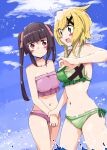  2girls akatsuki_kirika bikini black_hair blonde_hair blue_sky blush bow breasts cleavage closed_mouth cloud commentary_request cowboy_shot day green_bikini green_eyes hair_bow hair_ornament highres holding_hands koma_kitsune_(kururito) long_hair looking_at_another medium_breasts multiple_girls navel ocean open_mouth pink_bow purple_bikini purple_eyes senki_zesshou_symphogear short_hair sky smile swimsuit tsukuyomi_shirabe twintails water x_hair_ornament 