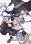  1girl ankle_boots ass_peek black_ribbon black_skirt blue_background blue_eyes blue_hair boots braid capelet commentary_request crossed_bangs foot_out_of_frame from_side gradient_background hair_ribbon hat highres holding holding_staff large_hat long_hair long_sleeves looking_at_viewer mage_staff masaumi0212 mushoku_tensei open_mouth pleated_skirt ribbon roxy_migurdia shirt skirt solo staff twin_braids very_long_hair white_boots white_capelet white_shirt witch_hat 