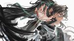  1boy arm_armor black_hair chinese_clothes closed_mouth dated green_ribbon grey_eyes hair_ribbon hand_up highres long_hair looking_ahead male_focus ponytail portrait qiuyuan_(wuthering_waves) ribbon solo tacet_mark_(wuthering_waves) wuji_dun_guiyuan wuthering_waves 