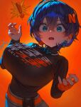  ! 1girl alternate_breast_size_(larger) belle_(zenless_zone_zero) belt blue_eyes blue_hair breasts commentary fingerless_gloves gloves gradient_background highres huge_breasts indol jewelry korean_commentary long_sleeves necklace open_mouth orange_background orange_belt orange_gloves short_hair single_glove solo zenless_zone_zero 