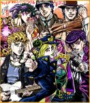  2022 aqua_eyes ashiya_kouhei battle_tendency black_necktie black_vest blonde_hair blue_hair braid braided_base braided_ponytail breasts brown_coat bun_with_braided_base cigar coat commentary cosplay cowboy_hat crossdressing crossdressing_(mtf) diamond_wa_kudakenai double_bun earrings electric_guitar eyeshadow giorno_giovanna green_eyes green_hair grey_hat guitar hair_bun happy_halloween hat higashikata_josuke highres holding holding_instrument holding_smoking_pipe holding_whip instrument jewelry jojo_no_kimyou_na_bouken jojo_pose jonathan_joestar joseph_joestar joseph_joestar_(tequila) joseph_joestar_(young) kujo_jolyne kujo_jotaro kujo_jotaro's_pose kujo_jotaro_(cosplay) lipstick makeup male_focus man_with_no_name man_with_no_name_(cosplay) medium_breasts multicolored_hair muscular muscular_male necktie phantom_blood pink_eyeshadow pink_lips playing_instrument pointing pointing_at_viewer pompadour poncho prince_(musician) prince_(musician)_(cosplay) purple_eyes purple_hair real_life signature smoking smoking_pipe stardust_crusaders stone_ocean stud_earrings the_good_the_bad_and_the_ugly two-tone_hair vento_aureo vest whip 