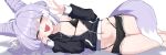  1girl ahoge animal_ears bikini black_bikini black_jacket black_shorts blush breasts commentary_request cone_hair_bun dolphin_shorts double_bun fake_animal_ears fang fluffy_tail fox_ears fox_girl fox_tail hair_bun hair_ears hair_rings half-closed_eyes heterochromia highres jacket korean_commentary long_hair long_sleeves lying midriff navel oldsickkim on_side open_mouth panty_straps partially_open_jacket purple_hair purple_tail shorts simple_background single_off_shoulder skin_fang small_breasts stellive sweat swimsuit tail tenko_shibuki thighs two-tone_tail v virtual_youtuber white_background 