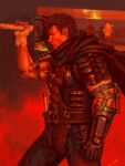  1boy armor berserk berserker_armor black_armor black_cloak cloak dragonslayer_(sword) fairy greatsword guts_(berserk) hanho_lee highres holding holding_sword holding_weapon huge_weapon male_focus puck_(berserk) scar scar_on_face scar_on_nose spiked_hair sword weapon 