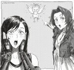  2girls aerith_gainsborough bangle bare_shoulders bird black_bra black_gloves blush border bra bracelet braid braided_ponytail breasts chocobo choker cleavage cloud_jr. commentary cropped_jacket english_commentary final_fantasy final_fantasy_vii final_fantasy_vii_rebirth final_fantasy_vii_remake fingerless_gloves flower_choker flying gloves grey_background greyscale hair_ribbon hands_on_own_face highres jewelry long_hair looking_at_viewer medium_breasts meme monochrome multiple_girls parted_bangs pointing ribbon screentones seveninks shirt sidelocks single_braid sports_bra teeth tifa_lockhart twitter_username two_soyjaks_pointing_(meme) underwear upper_body upper_teeth_only white_border white_shirt 