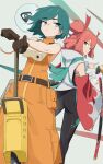  3girls arm_freckles ass back-to-back body_freckles breasts brown_gloves character_request commentary english_commentary freckles gloves green_eyes green_hair hair_ribbon highres homura_hime homura_hime_(game) japanese_clothes jumpsuit katana medium_breasts motorslice multiple_girls official_art orange_jumpsuit p_(motorslice) pink_hair red_ribbon ribbon sheath sheathed short_hair sword tomboy weapon yellow_eyes 