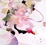  2girls black_hairband black_shoes bug butterfly cherry_blossoms closed_mouth collared_shirt commentary_request english_commentary green_skirt green_vest grey_hair hairband highres hitodama jiao_huashe katana konpaku_youmu konpaku_youmu_(ghost) medium_hair mixed-language_commentary multiple_girls petals pink_butterfly pink_petals planted planted_sword puffy_short_sleeves puffy_sleeves saigyouji_yuyuko shirt shoes short_sleeves skirt skirt_set socks sword touhou vest weapon white_shirt white_socks 