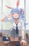  1girl :d animal_ears blue_hair classroom collared_shirt commentary_request earclip fluffy fur_wrist_cuffs hair_ornament hairband hairclip heart heart-shaped_pupils highres hololive leaning_forward multicolored_hair necktie official_alternate_costume omochiarts pendant_choker pleated_skirt rabbit-shaped_pupils rabbit_ears school_uniform scrunchie see-through_clothes shirt skirt smile symbol-shaped_pupils two-tone_hair usada_pekora usada_pekora_(12th_costume) v virtual_youtuber wrist_cuffs wristband 