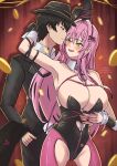  1boy 1girl absurdres animal_ears arm_around_another's_waist arm_up armpits backsine bare_shoulders black_hair black_jacket black_leotard black_pants blush breasts choker closed_mouth coin collared_shirt commander_(nikke) commentary crotchless crotchless_pantyhose english_commentary fake_animal_ears fedora goddess_of_victory:_nikke gold_coin green_eyes hair_between_eyes hair_intakes hairband hat hetero highres hiphighs huge_breasts jacket leotard long_hair mole mole_under_eye name_tag_hair_ornament open_mouth pants pantyhose pink_hair pink_hiphighs pink_pantyhose pink_rope playboy_bunny rabbit_ears rope shirt short_hair smile spiked_choker spikes thighs tongue tongue_out velvet_(nikke) velvet_(sensual_rabbit)_(nikke) white_shirt 