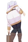  1girl ass bent_over black_pants boots briefcase brown_boots capelet frieren from_behind grey_hair highres jacket kaneko_ryou long_hair long_sleeves pants sousou_no_frieren two_side_up white_capelet white_jacket 