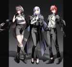  3girls alternate_costume ange_katrina animal_ears black_boots black_coat black_gloves black_jacket black_necktie black_pants black_shoes black_skirt black_suit blue_eyes blue_hair bolo_tie boots breasts brown_hair brown_tail cleavage closed_mouth coat coat_on_shoulders collared_shirt colored_inner_hair commentary_request crossed_bangs crossed_legs dog_ears dog_girl dog_hair_ornament dog_tail flat_chest frown gloves gradient_background grey_background group_picture hair_between_eyes hair_intakes hair_ornament hand_up heterochromia high_heels highres in_(in_0907) inui_toko jacket jacket_on_shoulders knee_boots lapels lize_helesta long_bangs long_hair long_sidelocks long_sleeves looking_at_viewer low_twintails medium_breasts miniskirt multicolored_hair multiple_girls necktie nijisanji no_socks notched_lapels open_clothes open_jacket outside_border pants parted_lips peaked_lapels pillarboxed purple_eyes red_eyes red_hair sanbaka_(nijisanji) shadow shirt shirt_tucked_in shoes short_hair side-by-side sidelocks simple_background skirt sleeveless sleeveless_shirt small_breasts smile standing streaked_hair suit suit_jacket suit_pants tail thigh_gap twintails two-tone_hair very_long_hair virtual_youtuber white_hair white_shirt yellow_eyes 