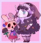  2girls animal_crossing bad_deviantart_id bad_id black_bow black_bowtie black_flower black_fur black_rose black_veil blue_eyes blush border bow bowtie cherkivi coco_(animal_crossing) dress flower hair_flower hair_ornament haniwa_(statue) headdress highres holding holding_flower hollow_mouth lace_trim long_eyelashes mary_janes muffy_(animal_crossing) multiple_girls pink_background purple_border purple_bow purple_bowtie rabbit_girl rose sheep_girl shoes sparkle sticker two-tone_dress veil 