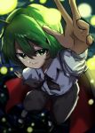  1girl absurdres antennae black_shoes black_shorts blue_background cape closed_mouth collared_shirt commentary_request fireflies full_body green_eyes green_hair hair_between_eyes highres long_sleeves looking_at_viewer mary_janes reaching reaching_towards_viewer red_cape shirt shoes short_hair shorts smile snowdrop6963 socks solo touhou v-shaped_eyebrows white_shirt white_socks wriggle_day wriggle_nightbug 