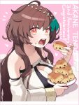 1girl ahoge anniversary bare_shoulders border bow breasts brown_hair character_name cleavage cleavage_cutout clothing_cutout cup dated detached_sleeves dress eating food food_on_face hair_bow holding holding_food holding_plate indie_virtual_youtuber large_breasts long_hair looking_at_viewer notice_lines omaru_gyuunyuu open_mouth plate red_eyes solo strapless strapless_dress table tendo_akane_(vtuber) virtual_youtuber 