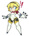  ! !! 1girl :< aigis_(persona) android blonde_hair blue_eyes bow chafa_8 commentary dot_nose full_body gold_hairband hairband headphones highres joints legs_apart no_feet outstretched_arms persona persona_3 red_bow robot_ears robot_girl robot_joints s.e.e.s short_hair solo standing 
