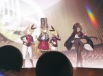  4girls animal_ears audience beret black_hair blonde_hair chinese_commentary commentary_request concert confetti full_body hat highres idol lens_flare military_uniform multiple_girls open_mouth original rabbit_ears smile spotlight stage zhuliye_bu_ai_chi_qiezi 