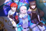 3girls :d aerial_fireworks alternate_costume ange_katrina animal_ears arm_support arm_up barefoot black_dress black_skirt blue_eyes blue_hair blue_skirt blue_sweater book braid breasts brown_hair brown_tail capelet colored_inner_hair commentary_request crossed_bangs cup cushion dog_ears dog_girl dog_tail dorimi_(drrrimi) dress drink drinking_glass fang fireworks fork from_above glint hair_behind_ear hair_between_eyes hair_ornament hairclip half_up_braid highres holding holding_book inui_toko layered_skirt lize_helesta long_dress long_hair long_sidelocks long_skirt long_sleeves looking_up medium_breasts multicolored_hair multiple_girls nijisanji open_mouth plate pointing pointing_up puffy_long_sleeves puffy_sleeves purple_eyes red_eyes red_hair red_skirt sanbaka_(nijisanji) shirt short_hair short_sleeves sidelocks single_hair_intake sitting skirt slit_pupils small_breasts smile streaked_hair sweater table tail teacup teaspoon triangle_hair_ornament two-tone_hair very_long_hair virtual_youtuber watching_fireworks white_capelet white_hair white_shirt white_skirt window_light yellow_eyes yokozuwari 