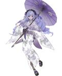  1girl 5_g0y0u ahoge alternate_costume bow closed_mouth commentary_request drill_hair drill_sidelocks frilled_hairband frills full_body gloves grey_pantyhose grey_streaks hair_bow hairband hand_in_own_hair hands_up highres holding holding_umbrella japanese_clothes kimono lace lace_gloves lace_pantyhose lolita_hairband long_hair long_sleeves looking_at_viewer mole mole_under_eye multicolored_hair obi obi_bow obijime oil-paper_umbrella okobo pantyhose pinky_out platform_sandals print_kimono purple_bow purple_hair red_eyes sandals sash sidelocks simple_background smile solo streaked_hair umbrella vivian_banshee white_background white_gloves white_kimono wide_sleeves zenless_zone_zero 