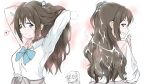 1girl absurdres blue_bow blue_bowtie blue_eyes blush bow bowtie brown_hair closed_mouth clothes_around_waist commentary cum cum_hair_fetishism cum_on_hair english_commentary furrowed_brow gyaru gyarugasaki hair_flip heart highres jacket jacket_around_waist long_hair long_sleeves looking_at_viewer looking_back love_live! love_live!_nijigasaki_high_school_idol_club multiple_views one_side_up osaka_shizuku shirt shizuwonderland sidelocks smile smirk spoken_heart steam white_shirt 