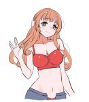  1girl bikini bikini_bottom_under_shorts bikini_under_clothes blue_shorts blunt_bangs breasts brown_eyes cleavage commentary_request headgear helena_(kancolle) helena_(swimsuit)_(kancolle) kantai_collection long_hair medium_breasts red_bikini salute shorts simple_background smile solo swimsuit tamu_(mad_works) upper_body v vulcan_salute white_background 