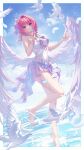  1girl absurdres aqinorz bare_legs bare_shoulders barefoot bird blue_nails blue_sky breasts chinese_commentary cleavage cloud commentary_request dove feathered_wings feathers finger_to_mouth full_body hair_intakes highres holding holding_feather large_breasts looking_at_viewer low_wings medium_hair ocean official_alternate_costume one-piece_swimsuit pink_hair pink_nails pointy_ears purple_sarong remielle_dan remielle_dan_(seashade_pas_seul) sarong shushing sky smile solo standing standing_on_one_leg swimsuit water white_one-piece_swimsuit white_wings wings zenless_zone_zero 