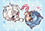  2boys absurdres angert_(infinity_nikki) blue_background blue_eyes blue_hair blue_horns braid brown_headband chibi chinese_commentary circlet closed_mouth commentary_request crescent crescent_necklace dark-skinned_male dark_skin dragon_boy dragon_horns dragon_tail ear_piercing halftone halftone_background headband heart highres horns infinity_nikki jewelry leishedengdengdengdengdengdeng light_blush long_hair male_focus meghill_(infinity_nikki) multiple_boys necklace nikki_(series) one_eye_closed outline paperclip parksolian_(infinity_nikki) parted_bangs parted_lips piercing pointy_ears polka_dot polka_dot_background rotational_symmetry short_hair single_braid smile sparkle tail white_hair white_outline 