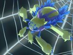  blue_eyes bug commentary_request extra_eyes fusenryo galvantula no_humans one-hour_drawing_challenge pokemon pokemon_(creature) pokemon_focus silk spider spider_web tarantula yellow_fur 