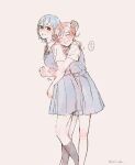  2girls ^_^ black_socks blue_hair blush brown_eyes closed_eyes collared_shirt commentary dress feet_out_of_frame grey_dress grin hair_bun hug hug_from_behind inaka_(ina_linden_) long_hair love_live! love_live!_superstar!! multiple_girls neck_ribbon pinafore_dress pleated_dress red_hair red_ribbon ribbon school_uniform shirt short_dress short_hair short_sleeves single_side_bun sleeveless sleeveless_dress smile socks summer_uniform translated twitter_username untranslatable_commentary wakana_shiki white_shirt yoneme_mei yuigaoka_school_uniform yuri 