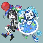  2girls alternate_costume arrow_(symbol) asymmetrical_gloves balloon black_hair black_shorts blue_hair blush checkered_sleeves clownfish eye_print fish frutiger_aero gloves highres jester microsoft_windows mismatched_gloves multiple_girls musical_note play_button pomni_(the_amazing_digital_circus) shorts sssw33tt suspender_shorts suspenders the_amazing_digital_circus weirdcore 
