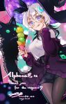  1girl absurdres aizaki_b alphena_(vtuber) black_cat black_hat blue_eyes cardigan cat commentary crescent crescent_hair_ornament diamond-shaped_pupils diamond_(shape) english_commentary food glasses grey_hair hair_ornament hat highres ice_cream ice_cream_cone indie_virtual_youtuber jellyfish_cut looking_at_viewer pantyhose purple_cardigan purple_hair round_eyewear shirt skirt solo symbol-shaped_pupils virtual_youtuber white_shirt witch_hat 