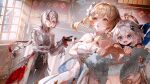  3girls absurdres arlecchino_(genshin_impact) bare_shoulders batory_ken black_eyes black_hair black_hands black_scarf black_streaks blonde_hair blue_trim blush breasts clothes_hanger coat colored_extremities commentary_request crystal_hair_ornament detached_sleeves dress fatui_coat feather_hair_ornament feathers flower fur-trimmed_coat fur_trim genshin_impact gloves grey_coat hair_between_eyes hair_flower hair_ornament halo highres indoors long_hair lumine_(genshin_impact) mechanical_halo multicolored_flower multicolored_hair multiple_girls open_mouth paimon_(genshin_impact) partially_fingerless_gloves red_pupils romper scarf short_hair_with_long_locks sidelocks smile streaked_hair symbol-shaped_pupils two-tone_hair white_coat white_dress white_flower white_hair white_romper x-shaped_pupils yellow_eyes 