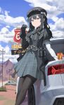  1girl ammunition_pouch arm_belt asymmetrical_gloves bandaged_arm bandaged_hand bandages black_choker black_coat black_dress black_gloves black_hair black_hat black_pantyhose black_ribbon burrito car choker cloud coat collared_dress cowboy_shot dress eating food gloves goggles goggles_on_headwear grey_eyes hair_ornament hat highres holding holding_food kurobe_nanoka leaning_against_vehicle long_hair looking_at_viewer mahou_shoujo_no_majo_saiban mcdonald's mklarenov motor_vehicle neck_ribbon pantyhose plaid_clothes plaid_dress pouch ribbon road sign sky solo twintails 