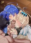  1boy 2boys ahoge animal_ears blue_hair blush breasts brown_eyes brown_hair coat colored_inner_hair cum cum_on_body cum_on_breasts facial fellatio ffm_threesome group_sex hair_between_eyes hazumi_aileen highres indie_virtual_youtuber knight large_breasts licking licking_penis lion_ears lion_girl lion_tail mole mole_on_breast multicolored_hair multiple_boys ophimon oral oumiya_emma penis red_eyes short_hair tail threesome tongue virtual_youtuber wet 