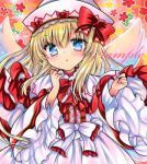 1girl blonde_hair blue_eyes blush bow bowtie capelet commentary_request fairy fairy_wings floral_background hat hat_bow lily_white long_sleeves looking_at_viewer marker_(medium) red_background red_bow red_bowtie rui_(sugar3) sample_watermark shirt skirt solo touhou traditional_media watermark white_capelet white_hat white_shirt white_skirt wide_sleeves wings 