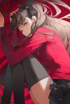  1girl black_skirt black_thighhighs blue_eyes brown_hair closed_mouth cotta_(heleif) fate/stay_night fate/unlimited_blade_works fate_(series) hair_ribbon hair_spread_out hands_up highres long_hair long_sleeves looking_at_viewer lying on_side red_background red_shirt ribbon shirt simple_background skirt solo thighhighs tohsaka_rin very_long_hair zettai_ryouiki 