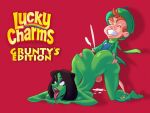  1boy 1girl ass banjo-kazooie clenched_teeth closed_eyes colored_skin english_text green_hat green_jacket green_scarf green_skin gruntilda_winkybunion hat hetero highres jacket john_coffe kellogg's leprechaun lucky_(lucky_charms) lucky_charms open_mouth orange_hair red_background scarf teeth tongue tongue_out top-down_bottom-up top_hat upper_teeth_only 
