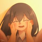  1girl artist_name black_hair closed_eyes collared_shirt commentary english_commentary hair_between_eyes hands_on_another's_cheeks hands_on_another's_face long_hair mari_(faraway)_(omori) mari_(omori) mika_yesha omori open_mouth shirt smile 