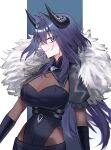 1girl absurdres black_leotard blue_eyes blue_hair breasts chrispy_tuna closed_mouth commentary demon_horns english_commentary fur_shawl grey_sleeves hair_intakes highres hololive hololive_english horns large_breasts leotard long_hair looking_at_viewer official_alternate_costume official_alternate_hairstyle ouro_kronii see-through_cleavage see-through_clothes shawl skin_tight smile solo very_long_hair virtual_youtuber 