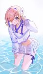  1girl artist_name bikini blush colored_inner_hair commentary_request earrings fate/grand_order fate_(series) flower hair_flower hair_ornament hair_over_one_eye hair_ribbon highres hiyohiyo_kanna jewelry leg_ribbon long_sleeves mash_kyrielight mash_kyrielight_(swimsuit_of_perpetual_summer_ver.03) multicolored_hair navel ocean pink_hair ponytail purple_bikini purple_eyes purple_hair purple_ribbon ribbon see-through_clothes see-through_shrug short_hair short_ponytail shrug_(clothing) skindentation skirt swimsuit thigh_ribbon wading wet white_shrug white_skirt 