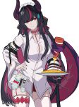  1girl absurdres artist_name black_hair black_nails closed_mouth colored_inner_hair commentary cowboy_shot daizey_cookie dragon_girl dragon_horns dragon_tail gun handgun highres holding holding_plate horns id_card ketchup ketchup_bottle looking_at_viewer maid_headdress multicolored_hair neverness_to_everness plate red_eyes red_hair red_horns shadow shinku_(nte) shirt simple_background solo straight-on streaked_hair sweatdrop tail thighhighs weapon white_background white_shirt white_thighhighs 